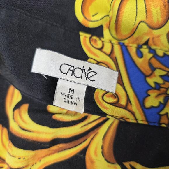 Cache Shirt Womens Medium Black Blue Gold Baroque Silk Stretch Snap Front Fitted - Picture 8 of 12